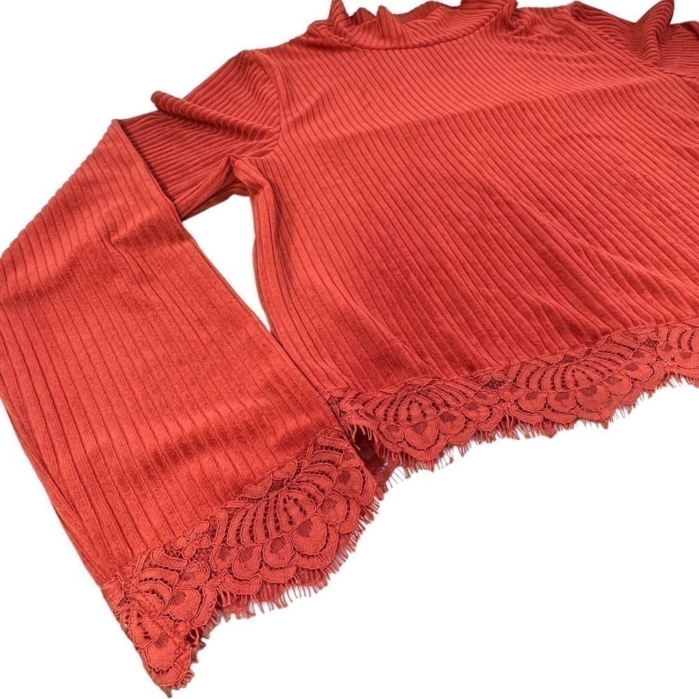 Chocolate Ribbed Lace Mock Neck Top Large - Picture 6 of 13